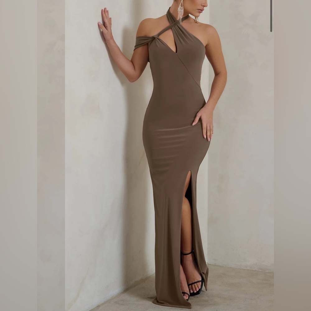CLEMENTINE MOCHA ASYMMETRIC NECKLINE MAXI DRESS WITH THIGH SPLIT